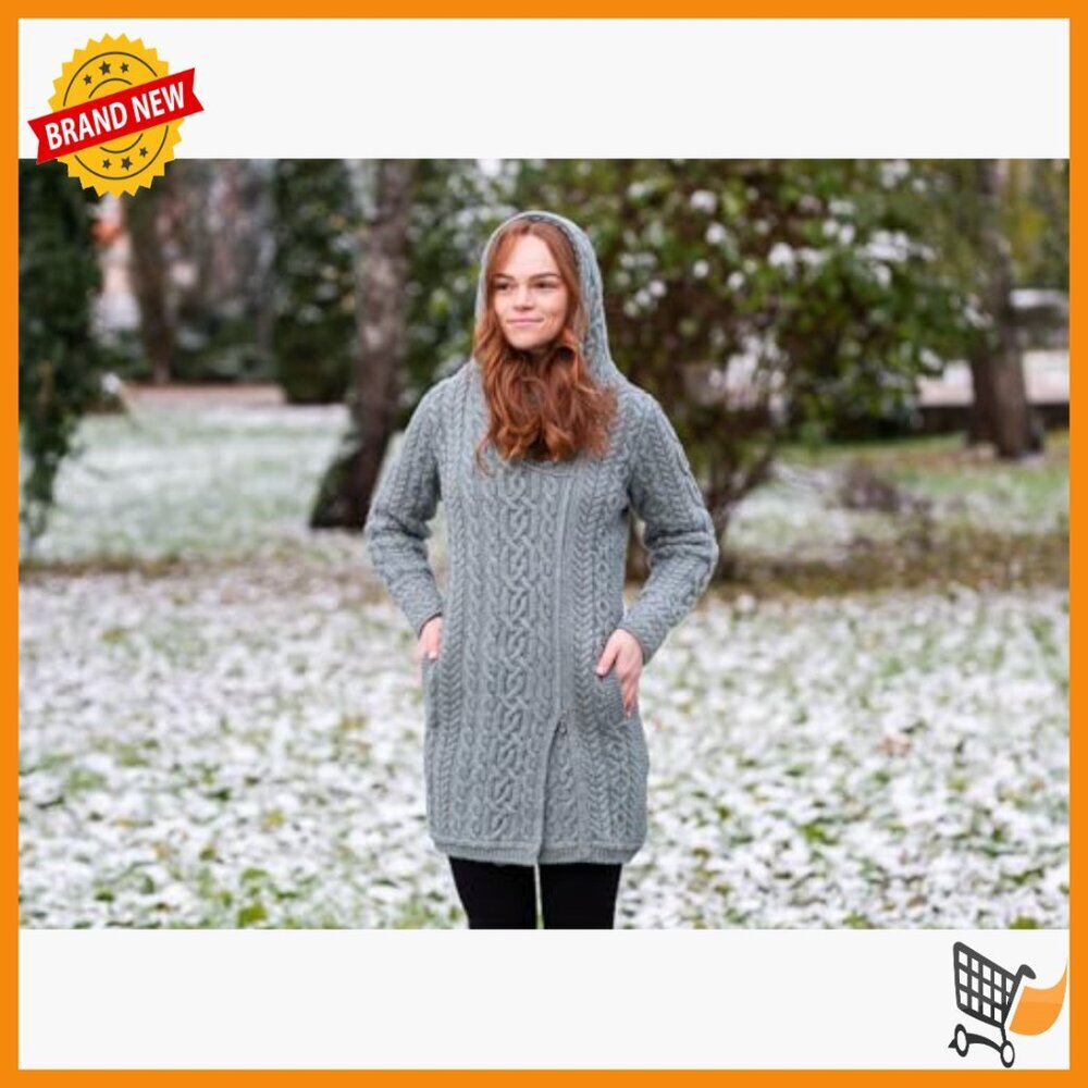 Merino Wool Zip Cardigan with Hood and Pockets, Long Length - Picture 6 of 7